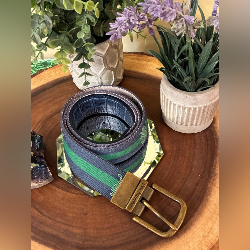 Elegant Green and Black Belt with Brass Buckle
